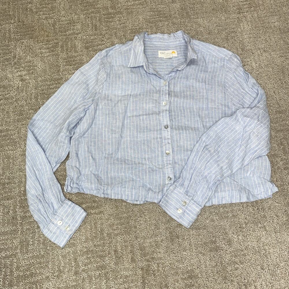 C&C California Top Size Large Blue Striped 100% Linen Cropped Classic Beachy